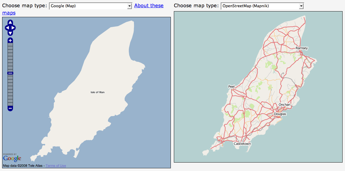 Google maps compared to OSM on the Isle of Man