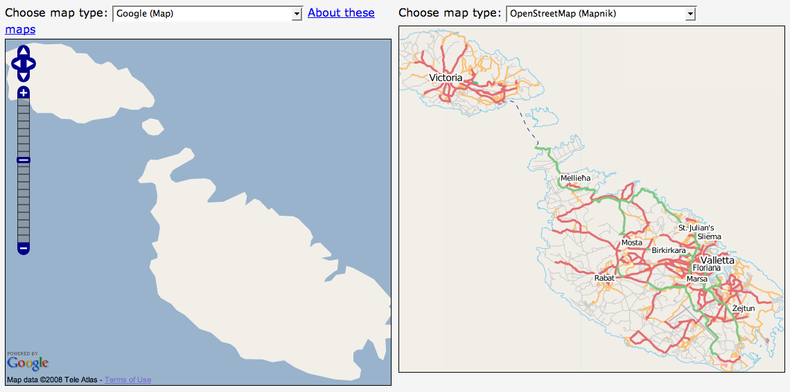 Google maps compared to OSM on Malta