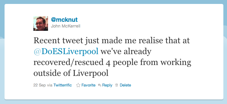 Tweet text: "Recent tweet just made me realise that at @DoESLiverpool we've already recovered/rescued 4 people from working outside of Liverpool"